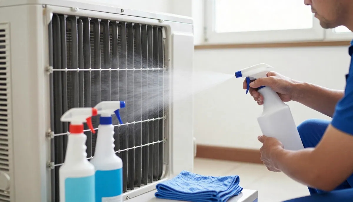 Technician spraying coil cleaner onto evaporator coils during professional service