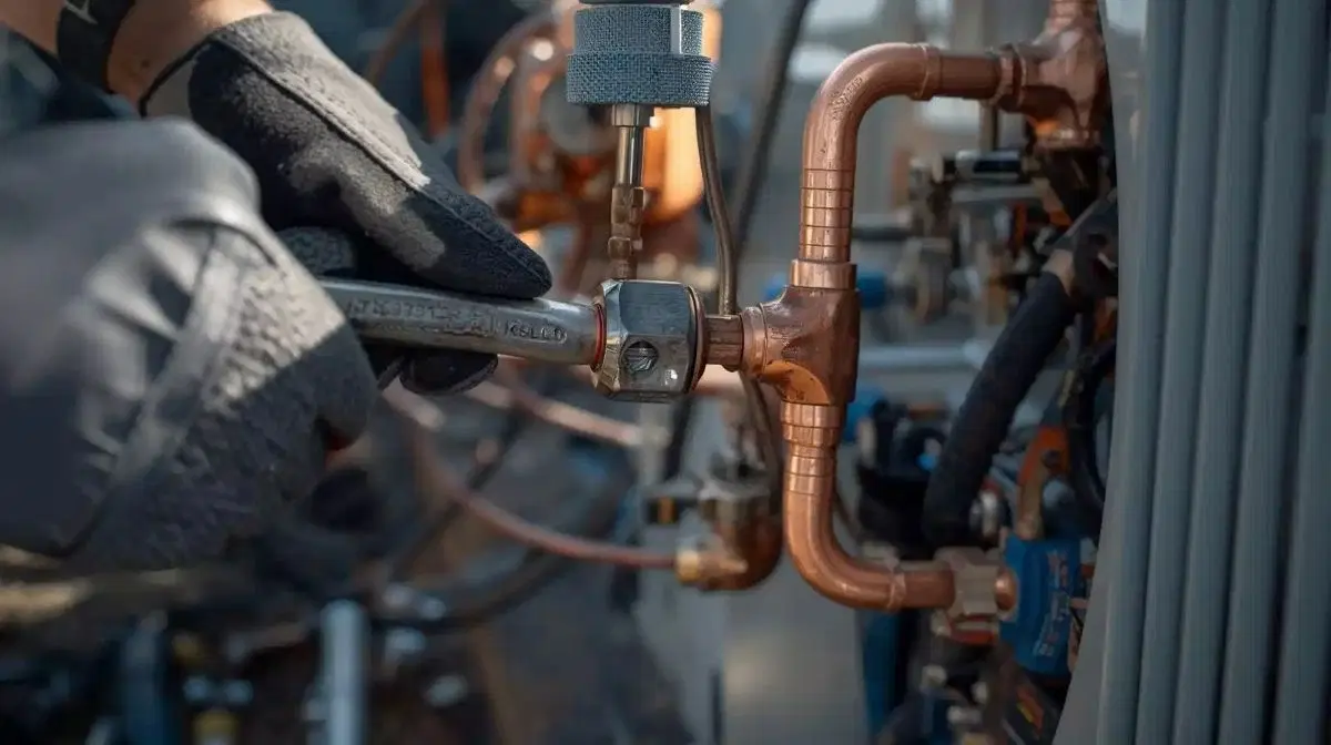 Aircon copper pipe connection installation - proper sealing prevents refrigerant leaks