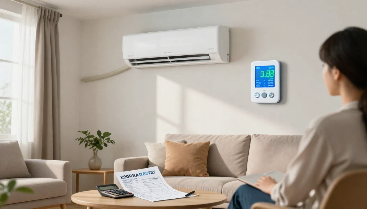 South African electricity bill and calculator next to aircon remote showing monthly running costs