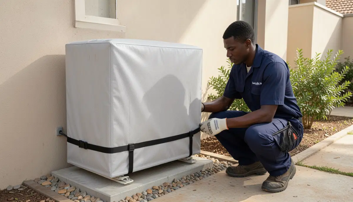 Outdoor aircon unit properly covered with breathable fabric cover secured with straps