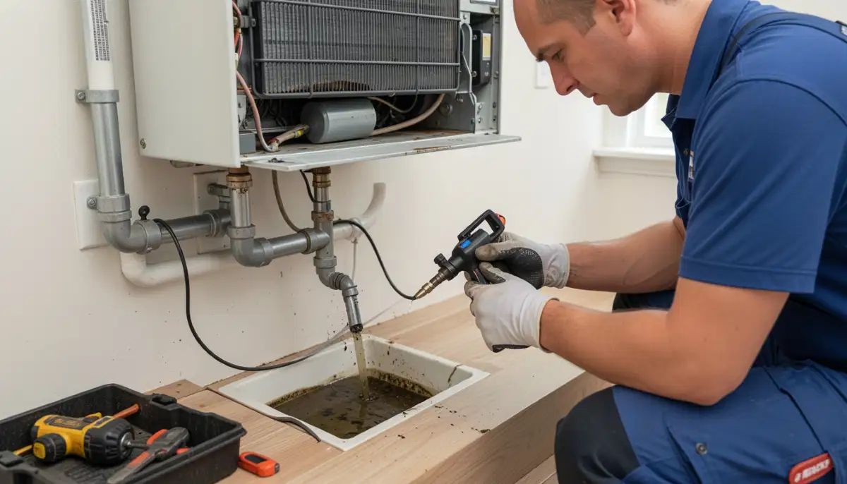 Technician using wet vacuum to unblock aircon drain pipe with water and debris being sucked out