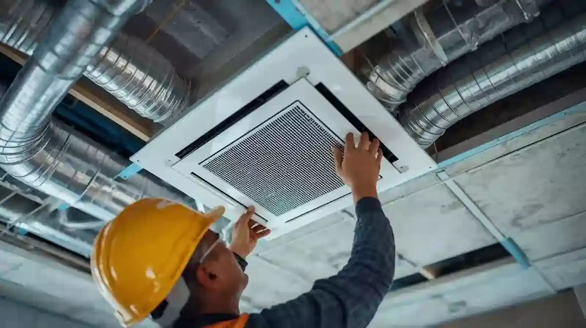 Aircon ducted ceiling cassette installation showing concealed system