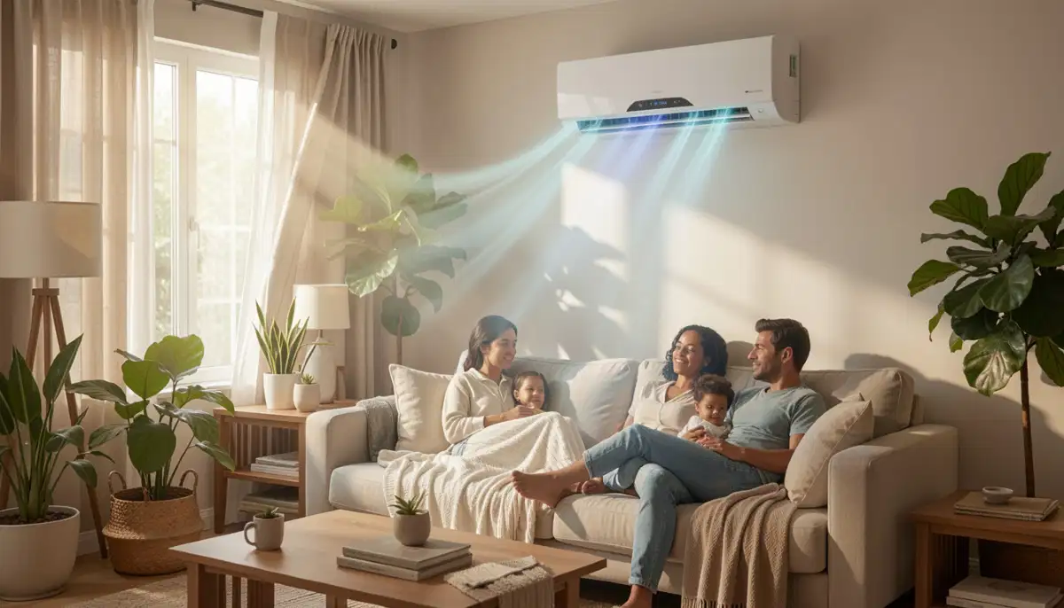 Modern living room with smartphone displaying smart aircon control app next to sleek wall-mounted air conditioner