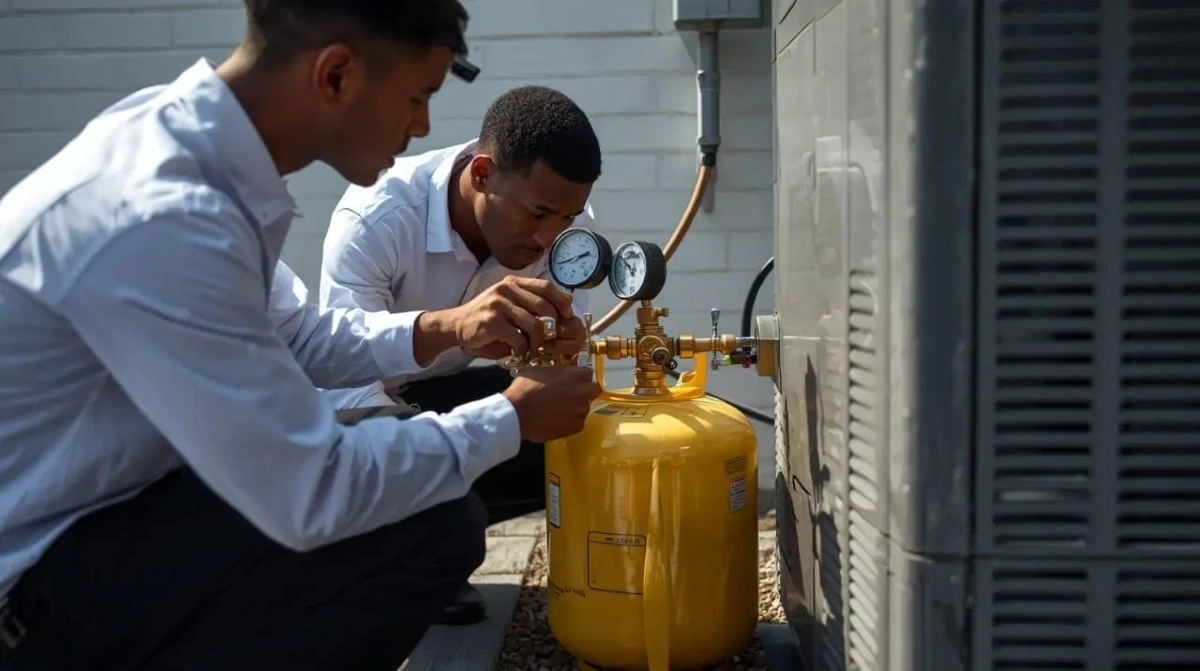 Aircon gas refrigerant recharge - technician refilling R32 gas