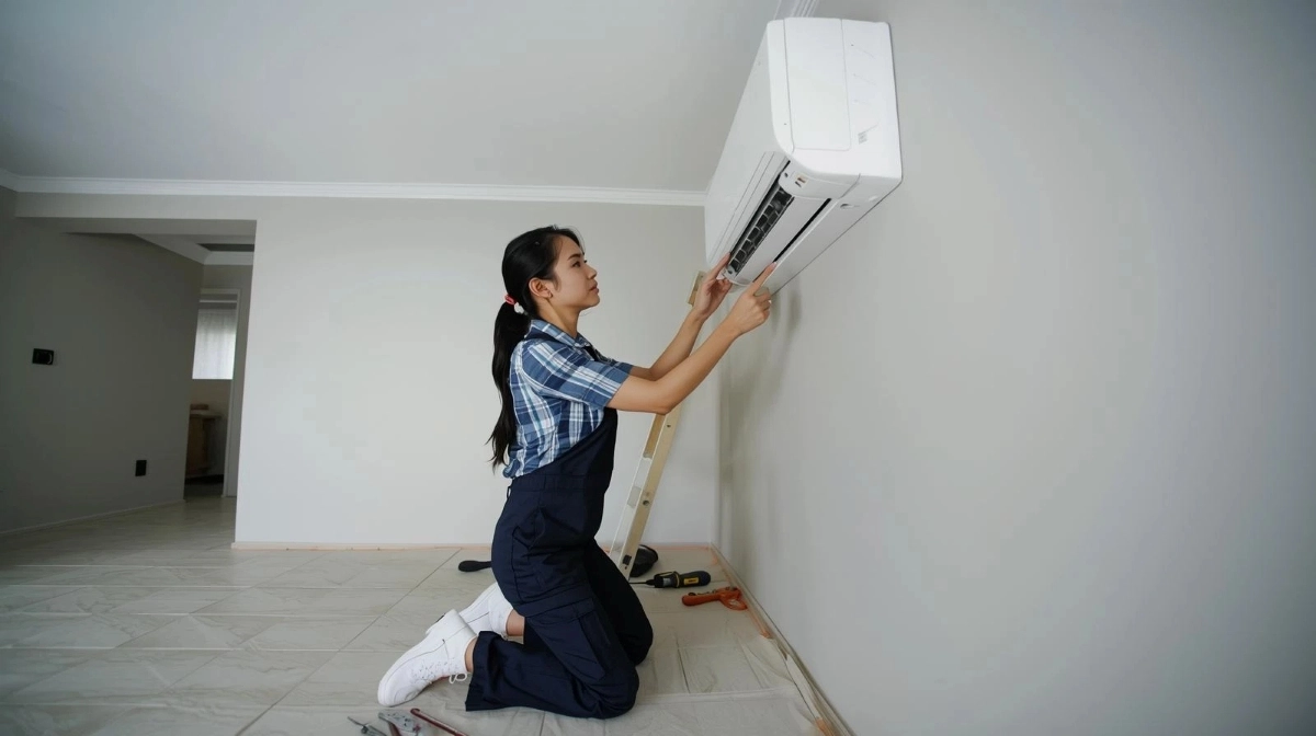 Split aircon indoor unit wall mounting process by professional installer