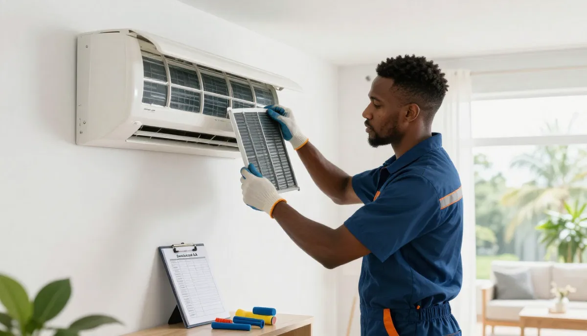 Professional aircon technician performing maintenance on indoor unit with tools and cleaning supplies