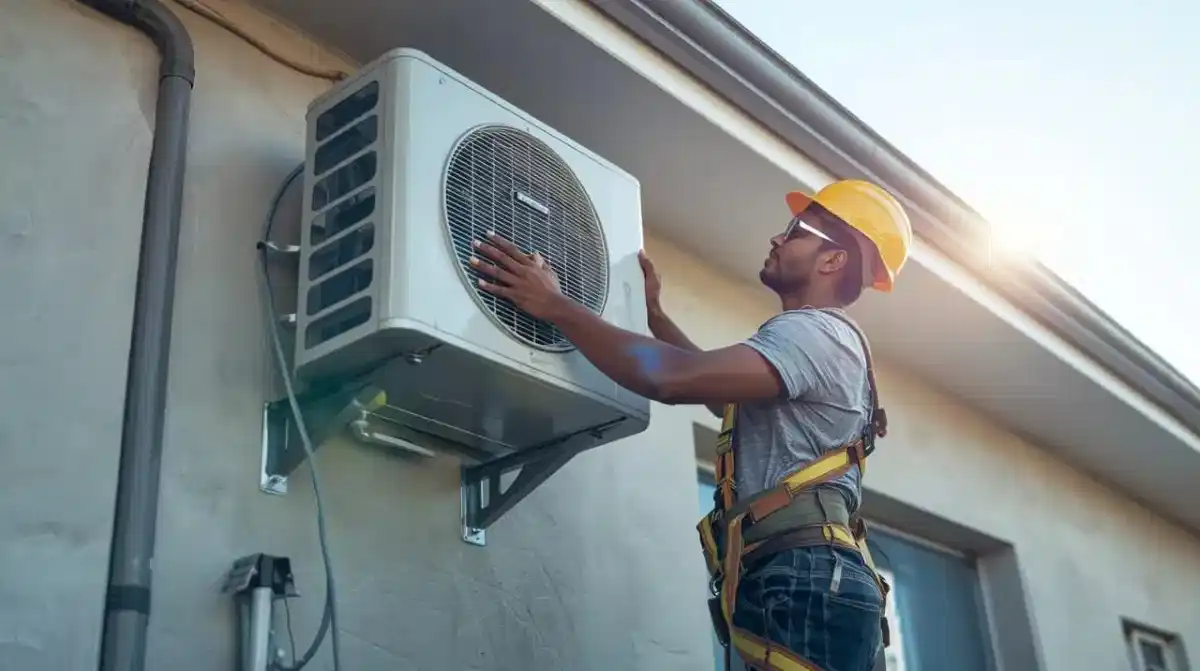 Aircon outdoor unit installed on home exterior wall with professional mounting