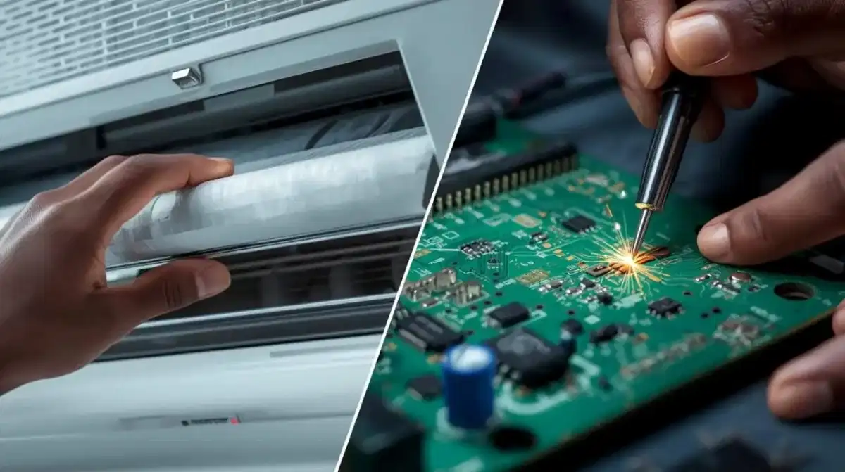 Capacitor being soldered onto PCB board during repair
