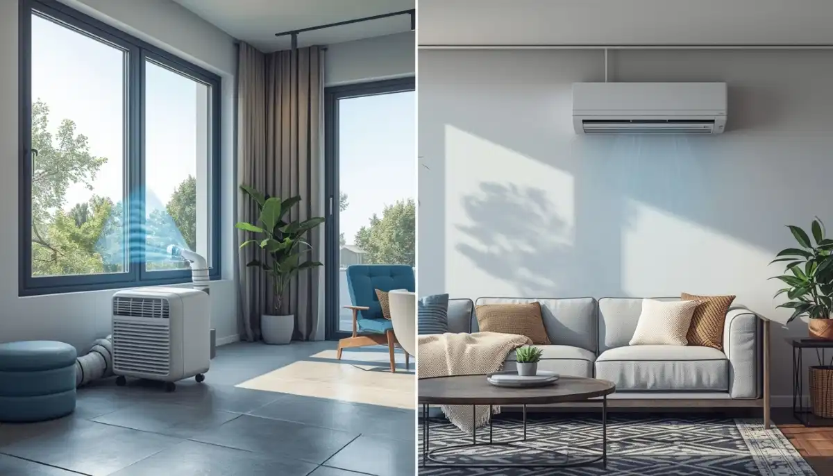 Side by side comparison showing window aircon unit installed in window frame and split aircon with indoor wall unit and outdoor compressor