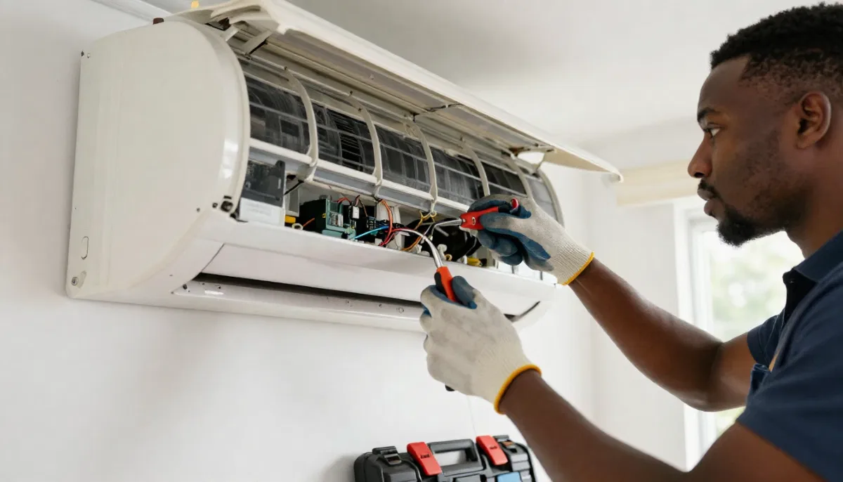 Homeowner looking at repair quote and new aircon brochure, thinking about decision