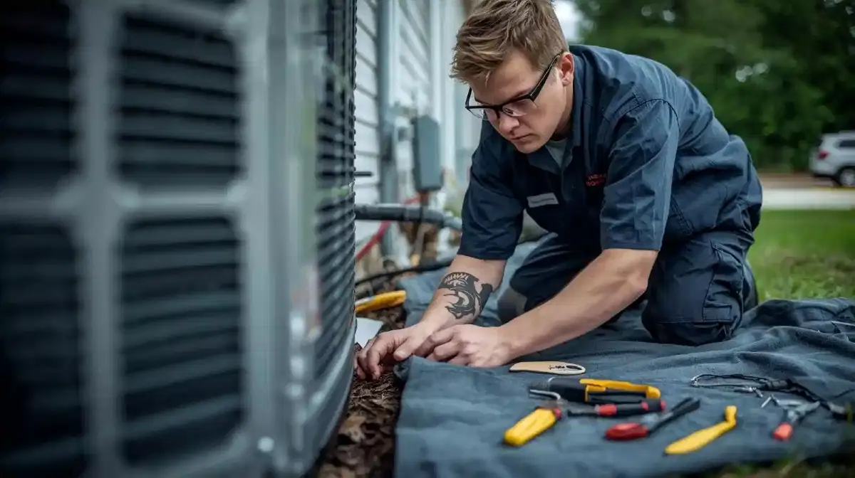 Aircon repairs near me same day - emergency air conditioner repair technician working