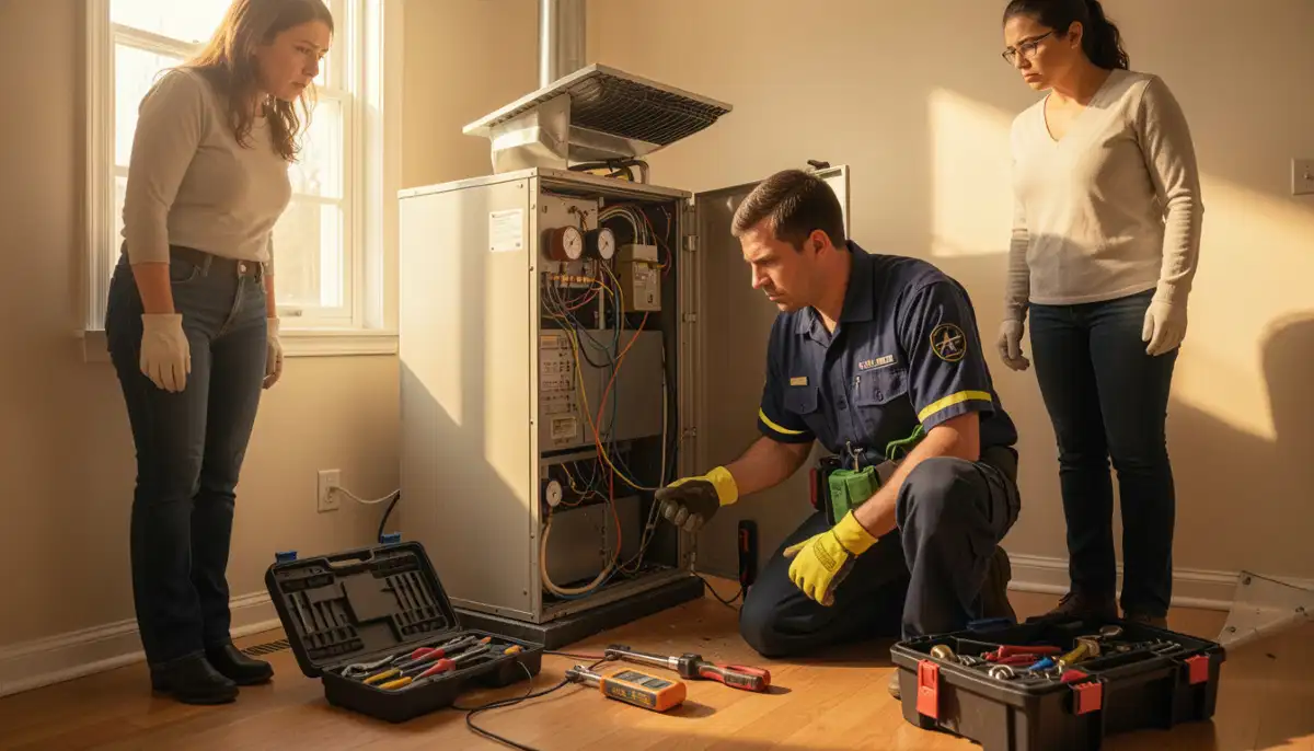 Air conditioner remote and indoor unit with homeowner looking frustrated as unit cycles on and off repeatedly