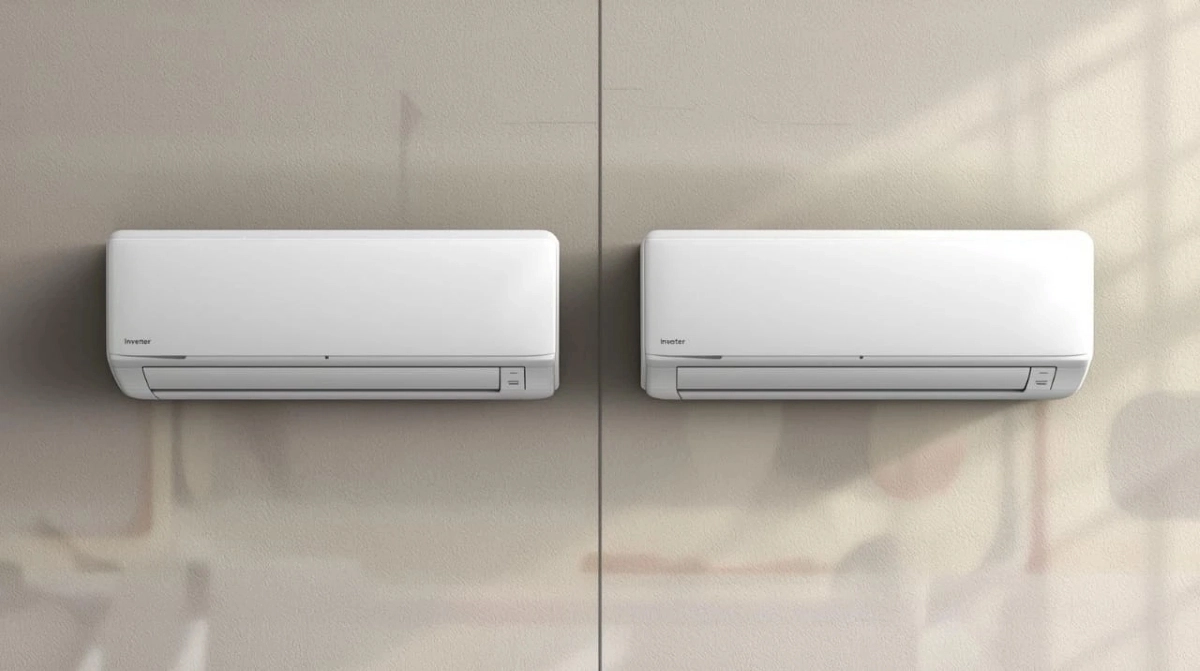 Multi-split aircon installation showing one outdoor compressor unit connected to multiple indoor wall-mounted units in different rooms