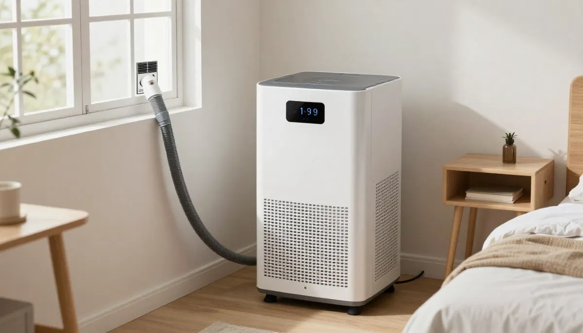 Portable air conditioner setup in a small bedroom with window vent kit installed and unit on wheels