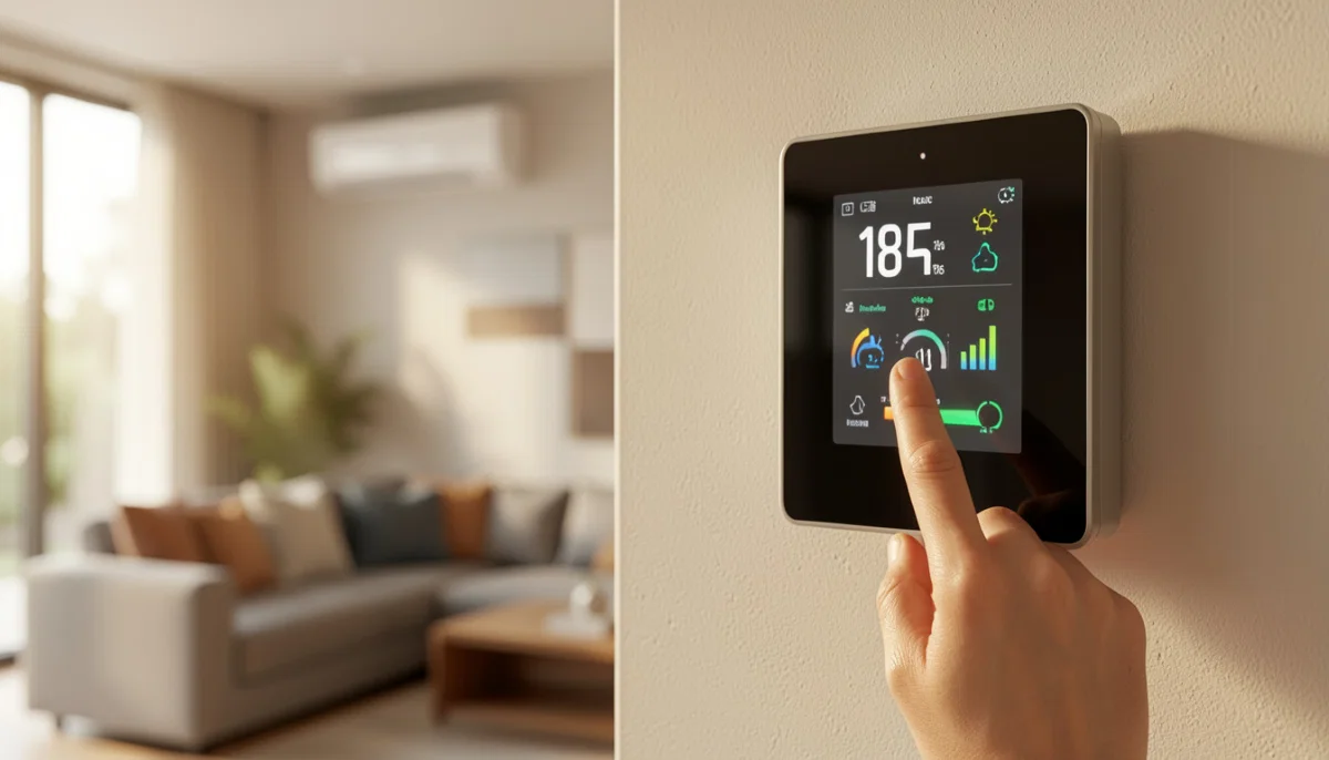 Smart thermostat display showing temperature settings, energy consumption graph, and Wi-Fi connection status