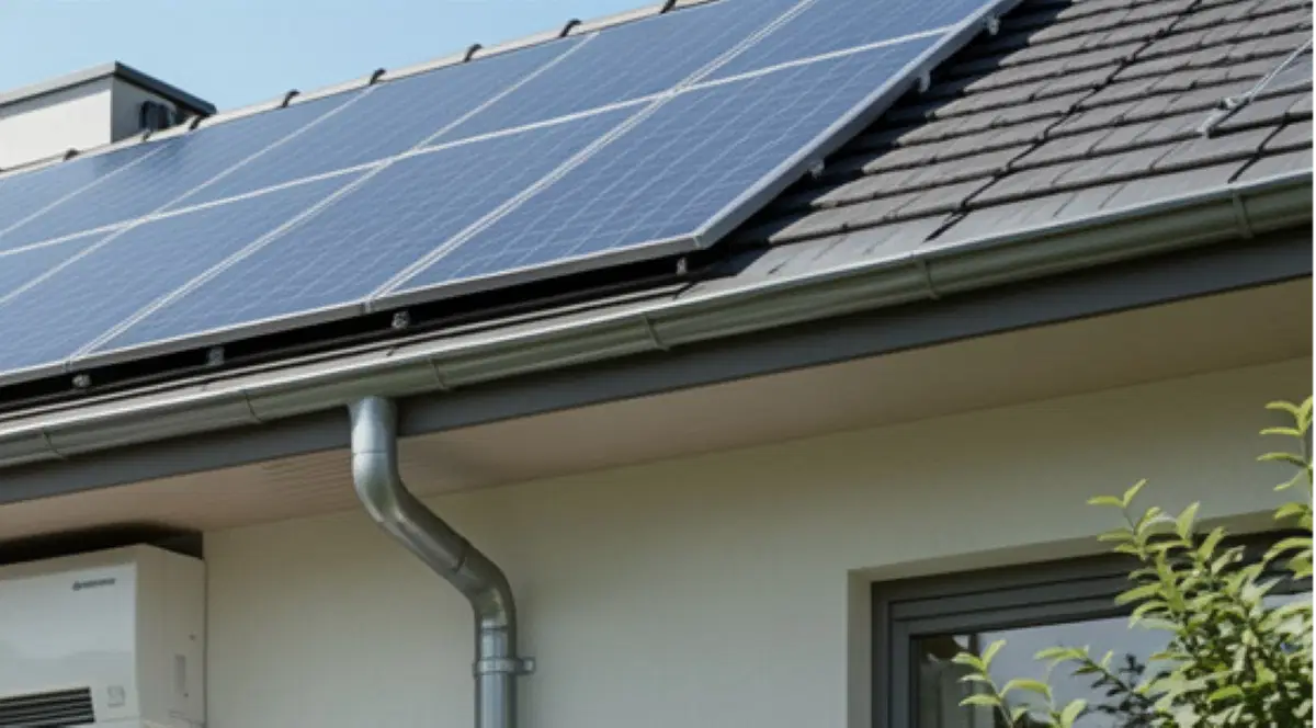 Solar panels on roof connected to outdoor aircon compressor unit with visible wiring