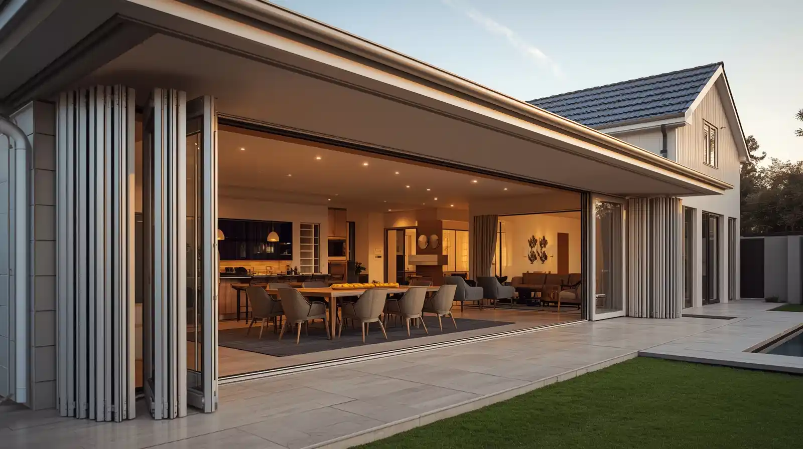 Aluminium bifold doors installation on patio showing seamless indoor-outdoor transition