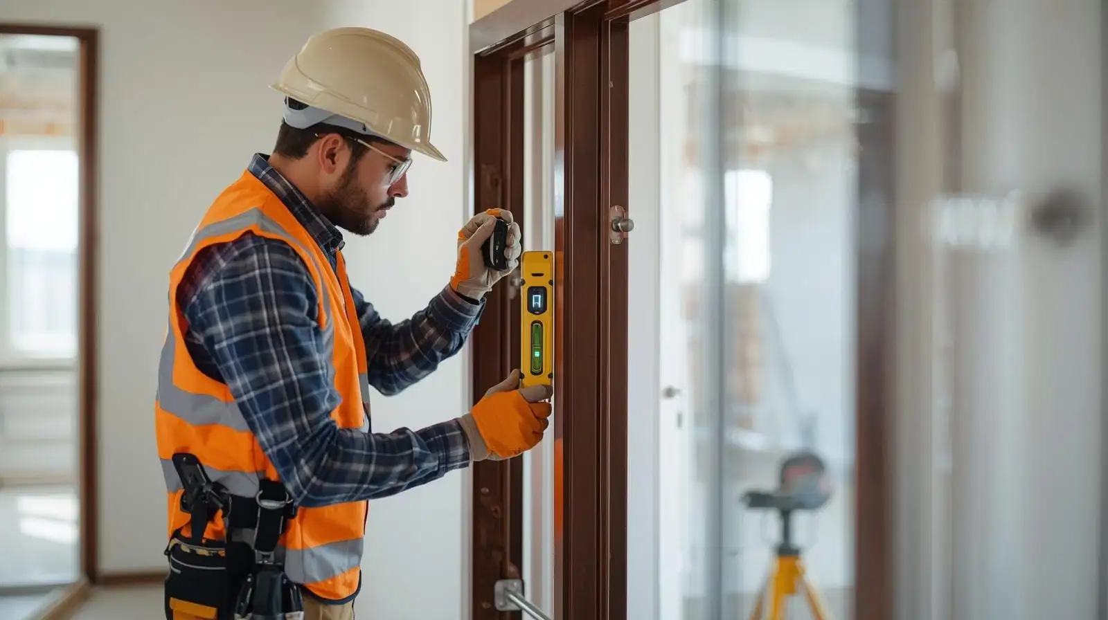 Professional checking aluminium door frame alignment with level during installation