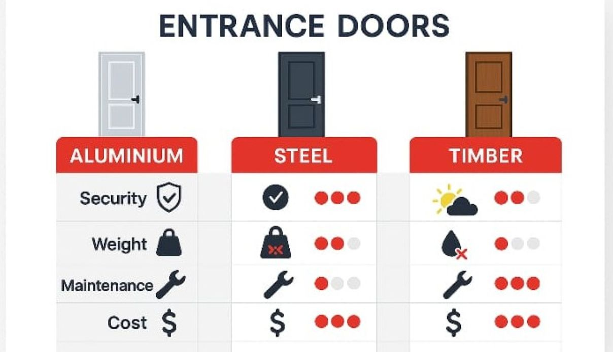 Visual comparison of aluminium, wood and steel door materials showing corrosion resistance differences