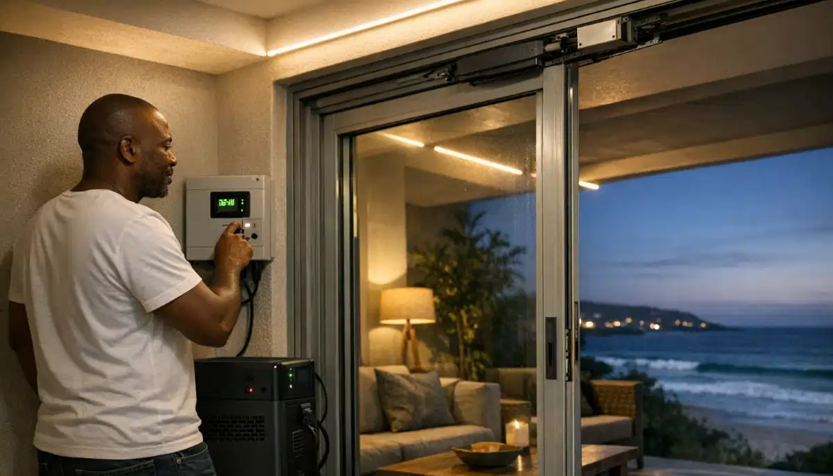 Remote controlled aluminium garage door with battery backup unit and remote control