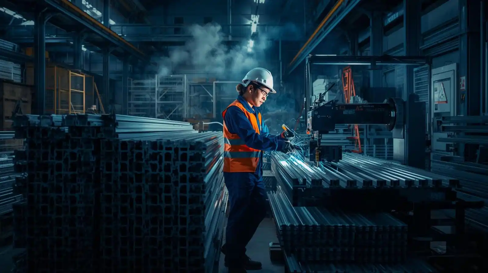 Precision aluminium frame cutting machine in professional fabrication workshop