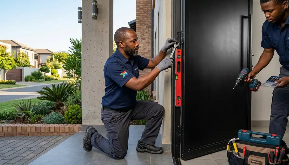Aluminium security door being installed as additional security layer over main door