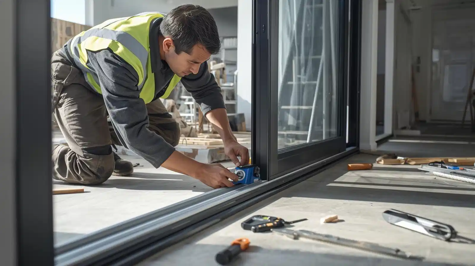 Professional aluminium sliding door track installation showing precision alignment and roller system