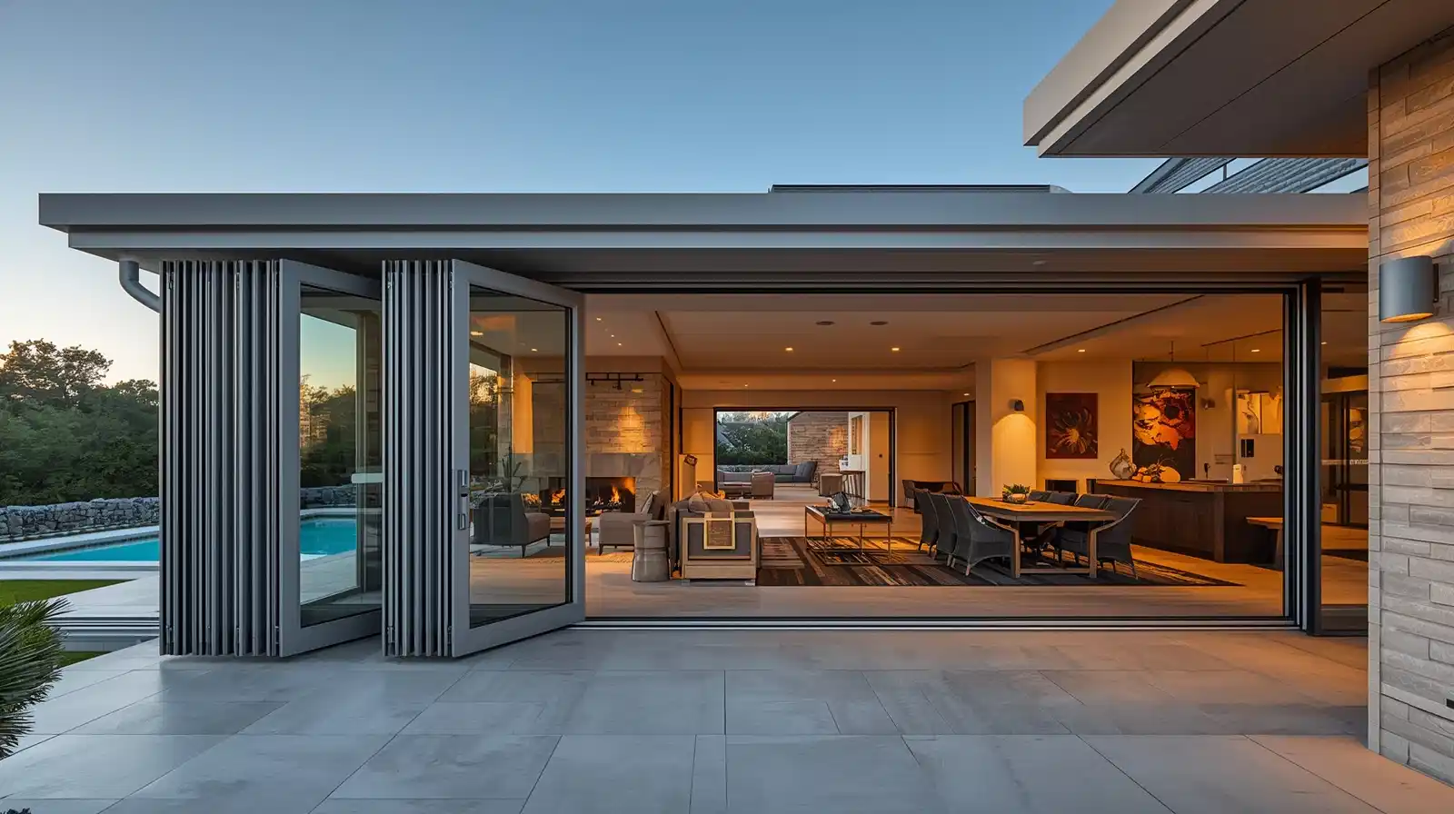 Finished aluminium sliding doors installation in modern living room with seamless floor transition