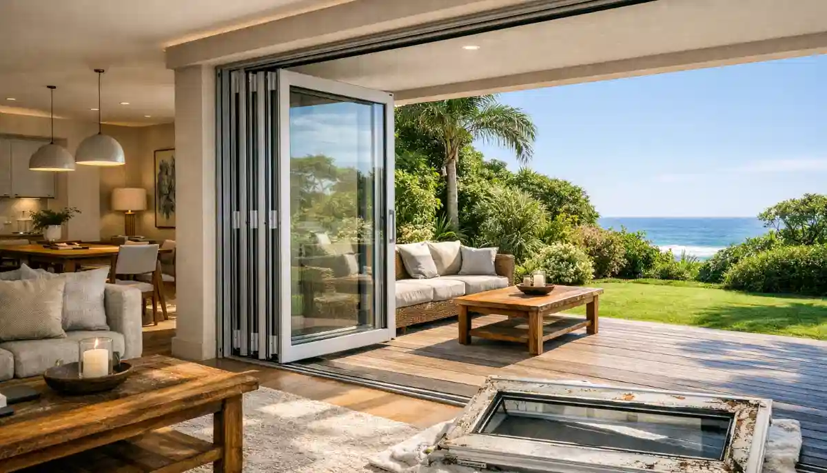 Aluminium stacking doors fully open showing seamless indoor-outdoor flow with panels stacked behind each other