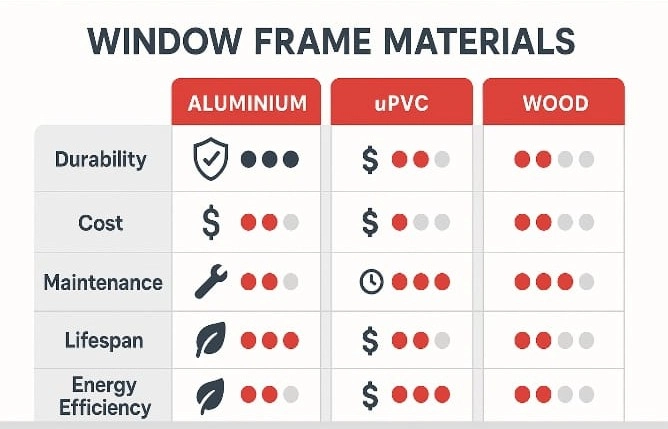Aluminium vs uPVC vs wood window comparison chart - material differences