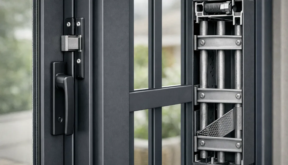 Aluminium window with integrated burglar bars showing security grille and lock system
