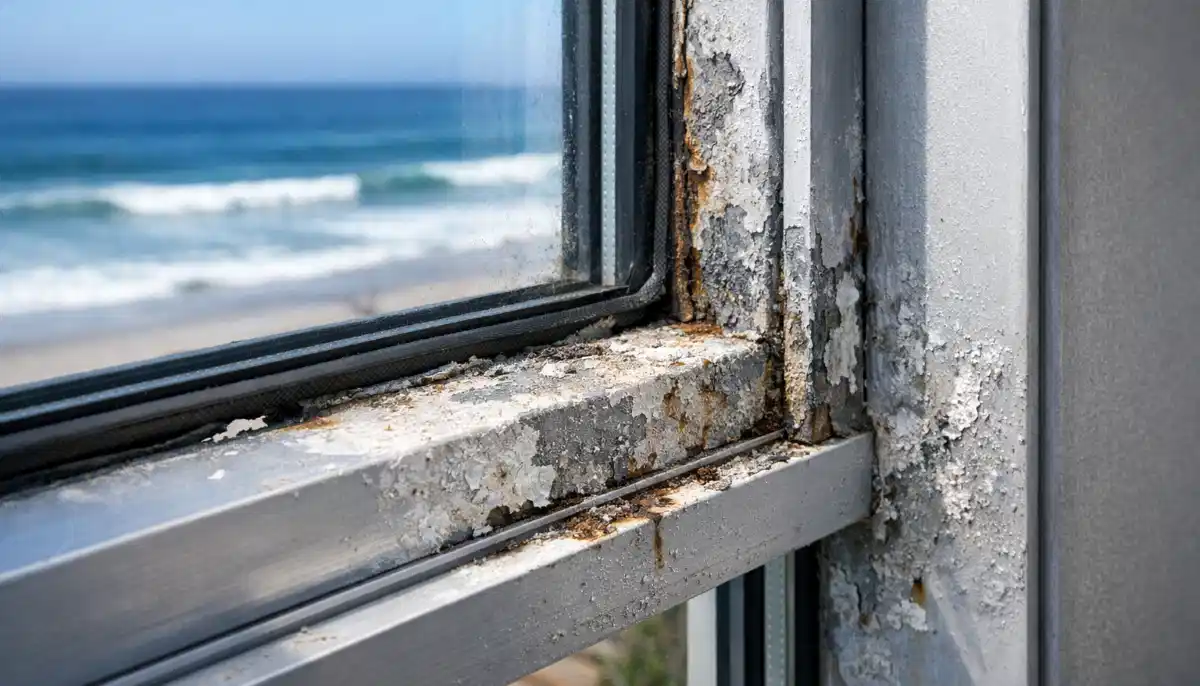 Close up of corroded aluminium window frame showing white powder and pitting from salt damage
