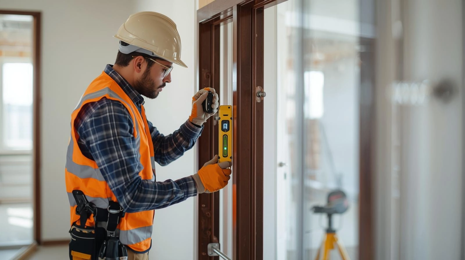 Aluminium window installation level check during professional fitting