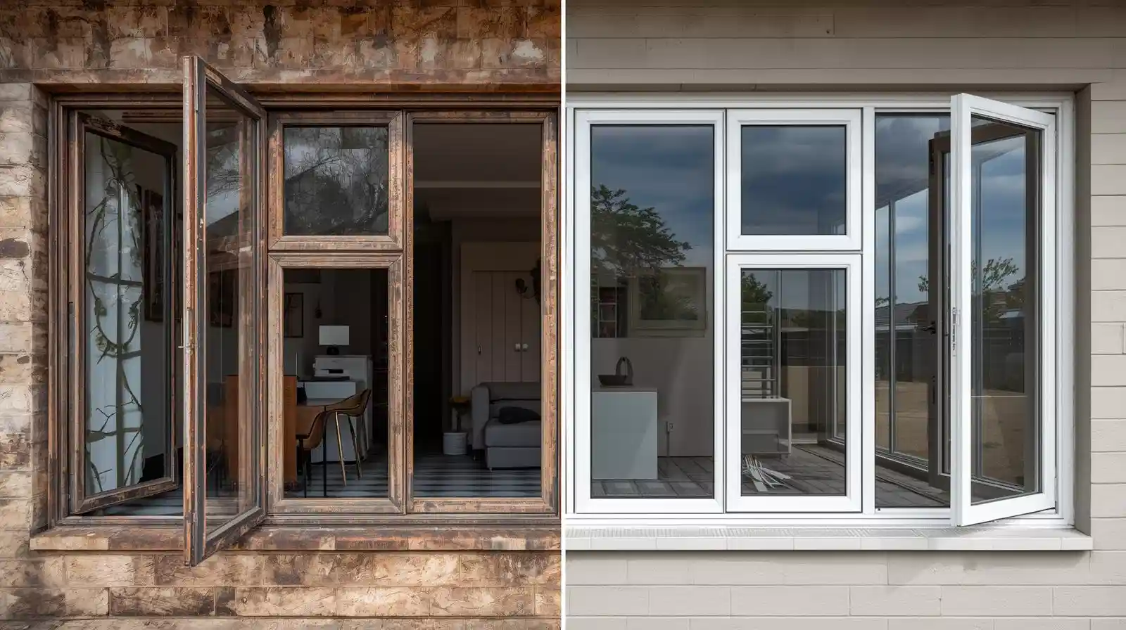 Aluminium window replacement before and after comparison showing dramatic transformation