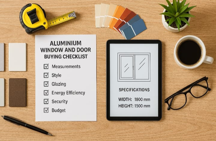 Professional inspecting aluminium window frame quality with measurement tools and checklist