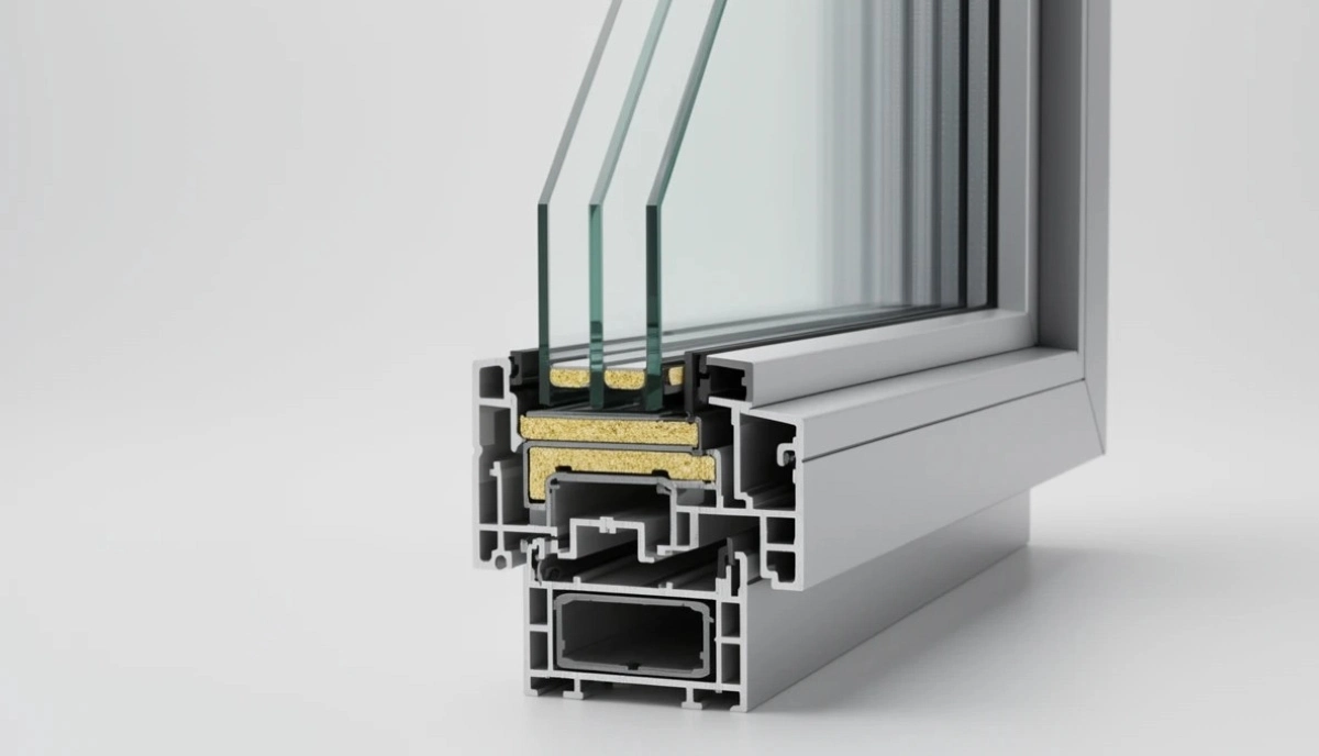 Cross section showing laminated glass with plastic interlayer between two glass panes