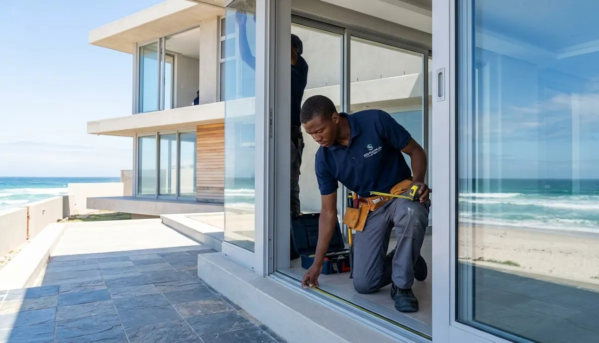 Marine-grade aluminium window being installed in coastal home overlooking the ocean