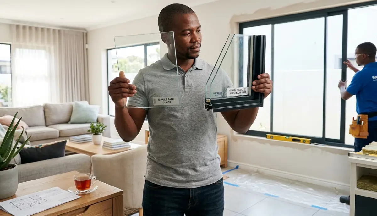 Comparison of standard glass vs Low-E coated glass showing heat reflection