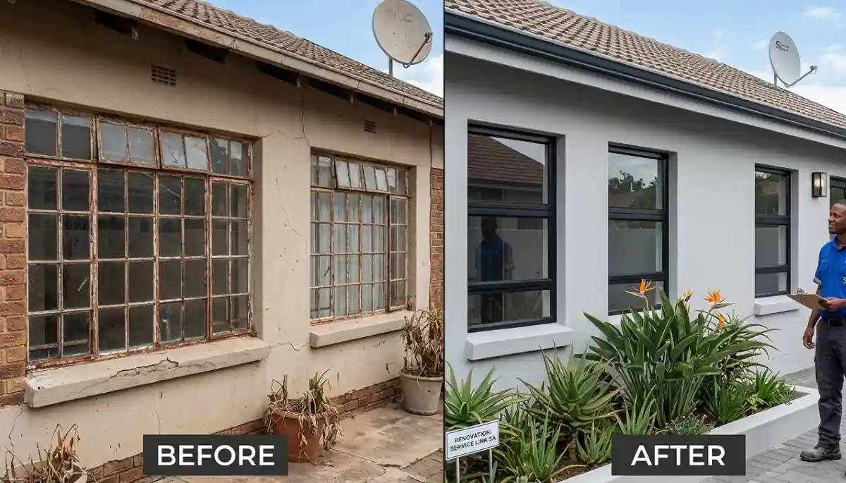 Steel window to aluminium conversion before and after showing dramatic improvement