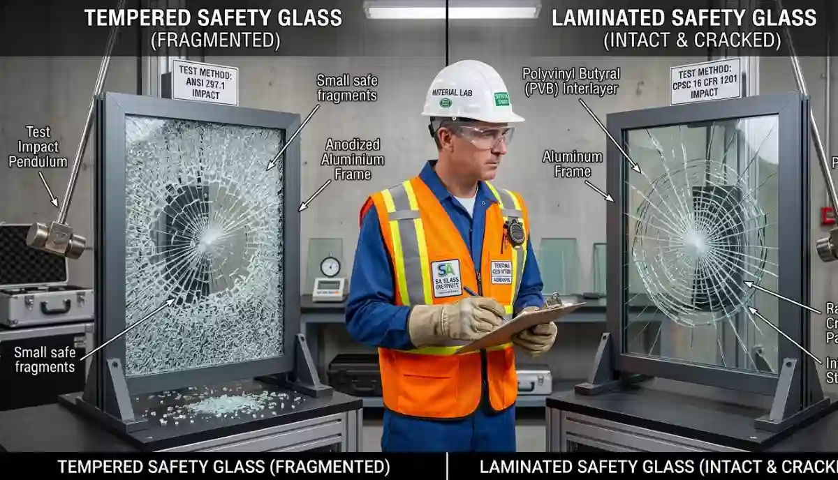 Comparison of broken tempered glass (small cubes) vs broken laminated glass (cracked but held together)