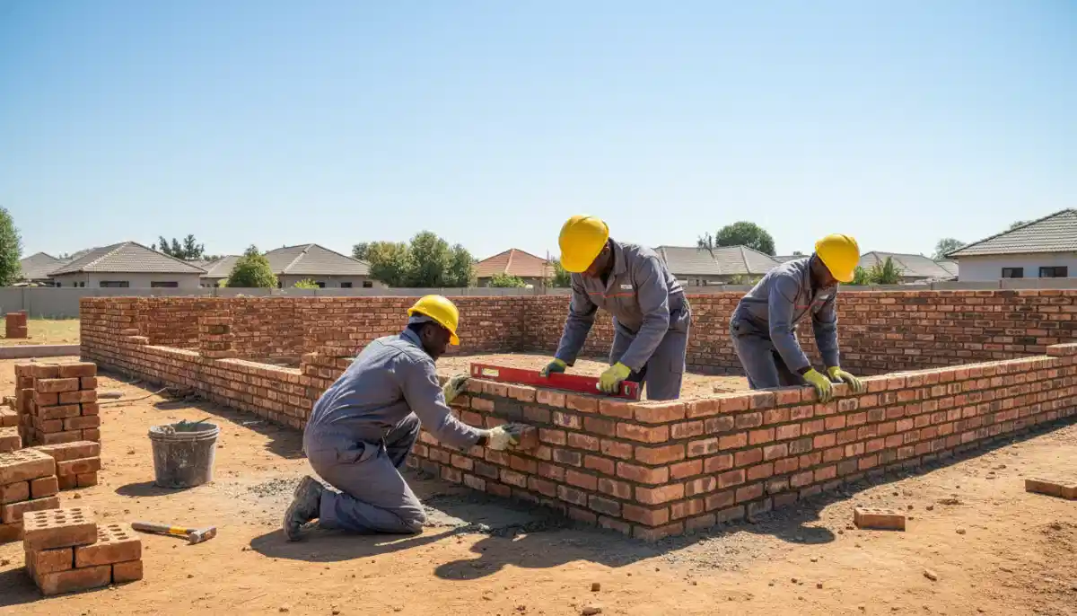 Brickwork wall construction site - home extension foundation and wall building