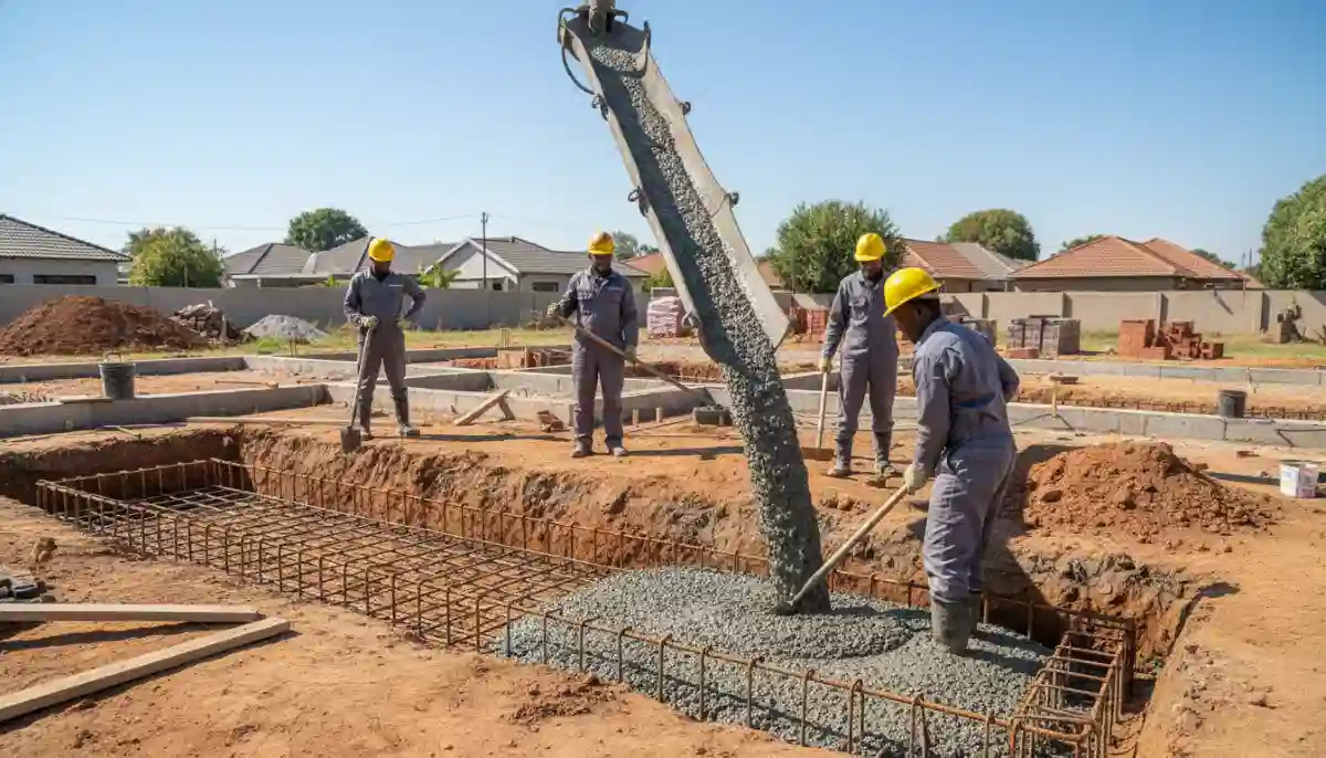 Building foundation concrete pouring - critical stage in new home construction