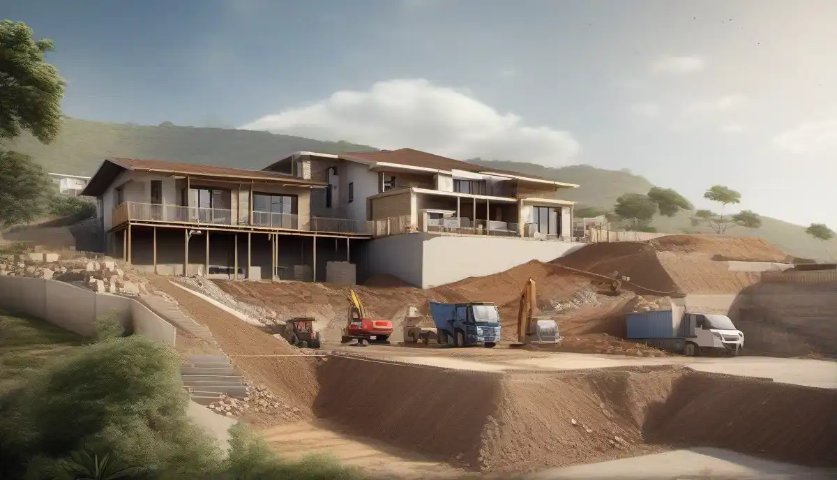 Building on sloped site cost considerations South Africa - hillside home construction with retaining walls