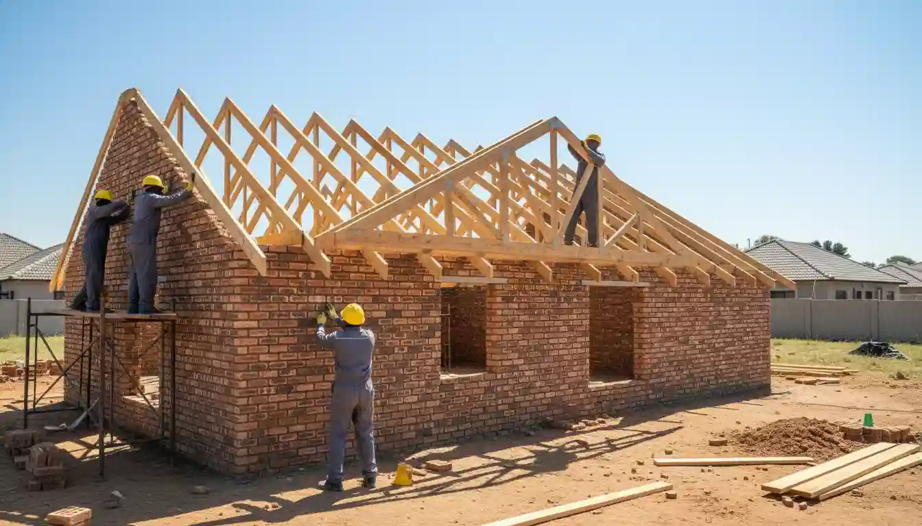 Roof structure installation with timber trusses - key construction milestone