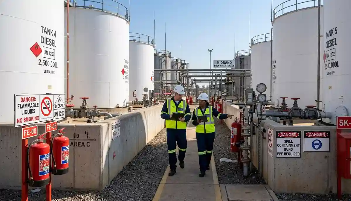Compliant bulk diesel storage facility with proper bunding, hazchem signage, and safety equipment in South Africa