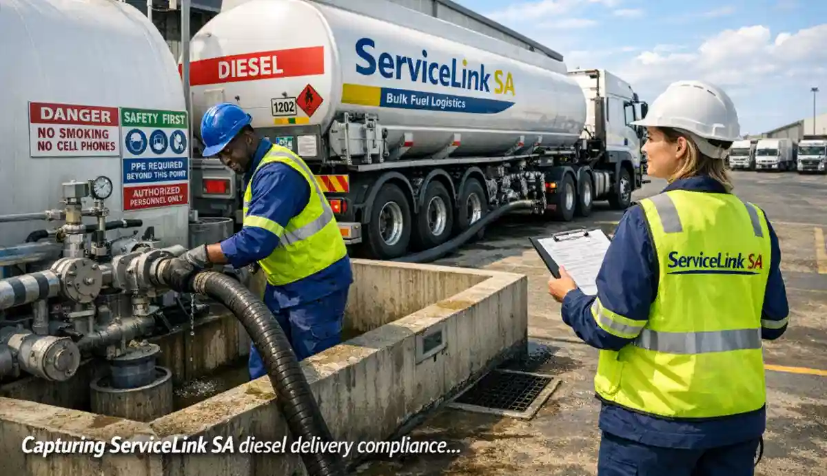 Industrial bulk diesel storage tanks and delivery tanker at a South African fuel depot