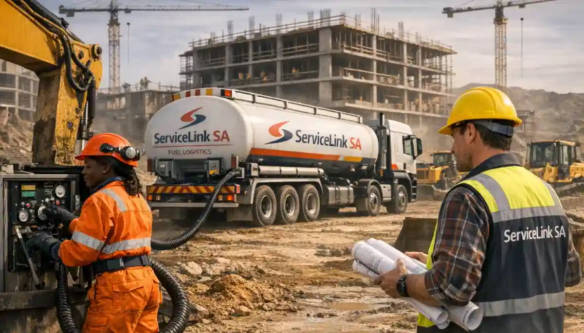Construction site with excavators and diesel bowser refueling heavy machinery at a South African building project