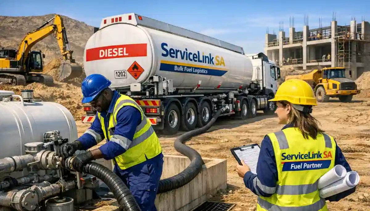 Bulk fuel delivery tanker arriving at commercial site with diesel bowser preparing for refueling operation