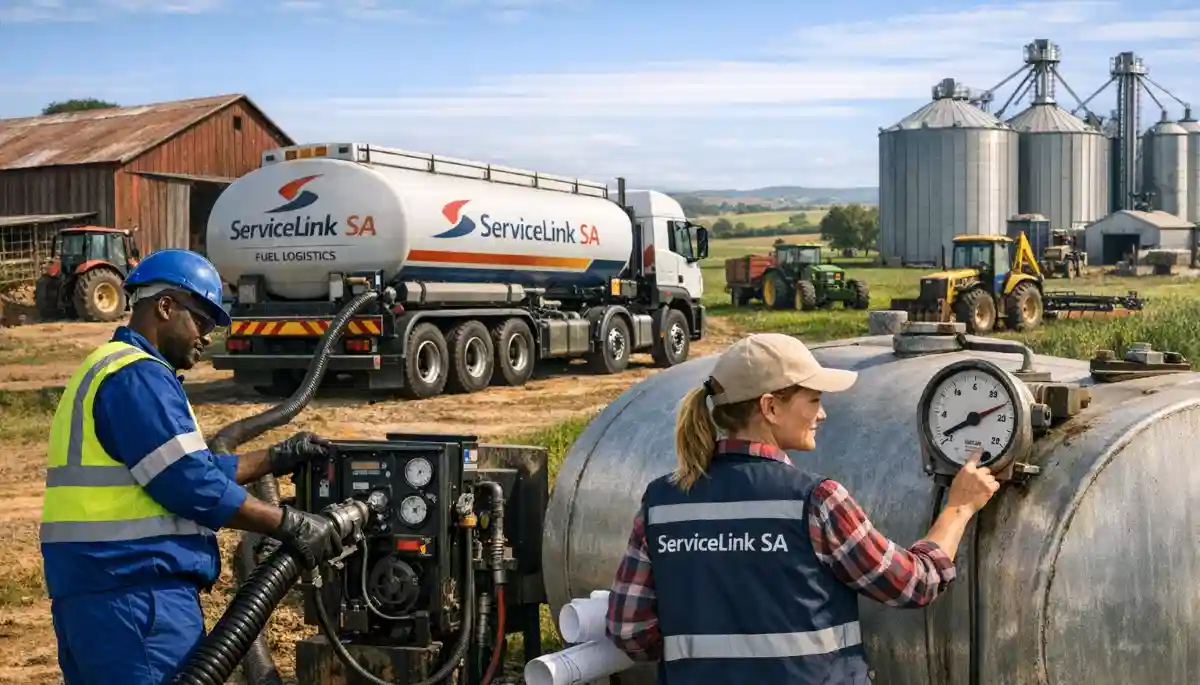 Tractor being refueled from bulk diesel storage tank on a South African farm with agricultural landscape background