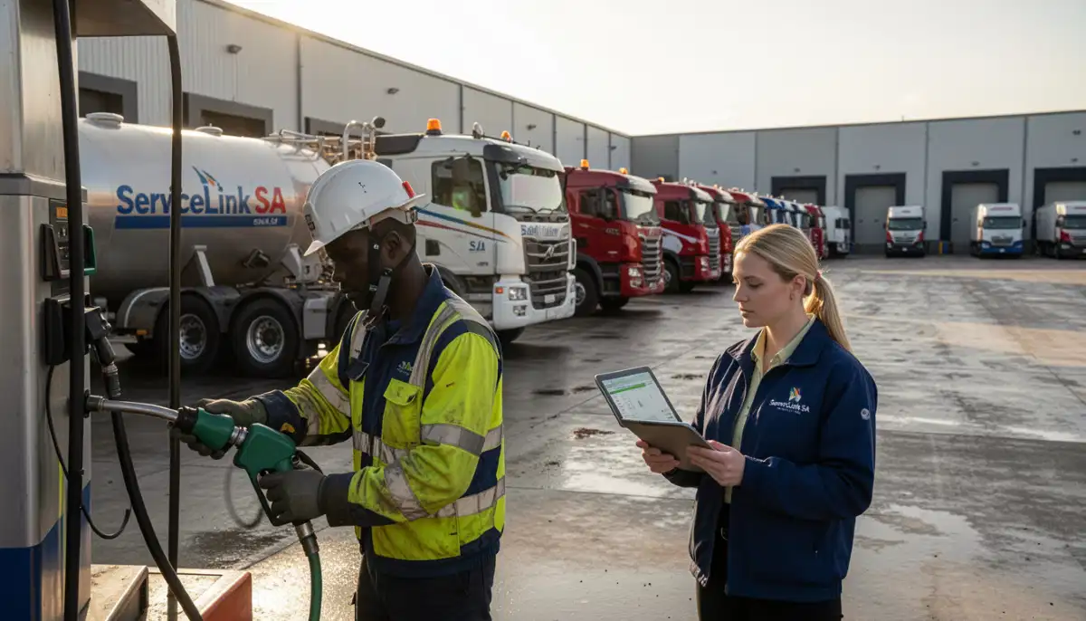 Fuel tanker refueling fleet of logistics trucks at depot with professional safety protocols
